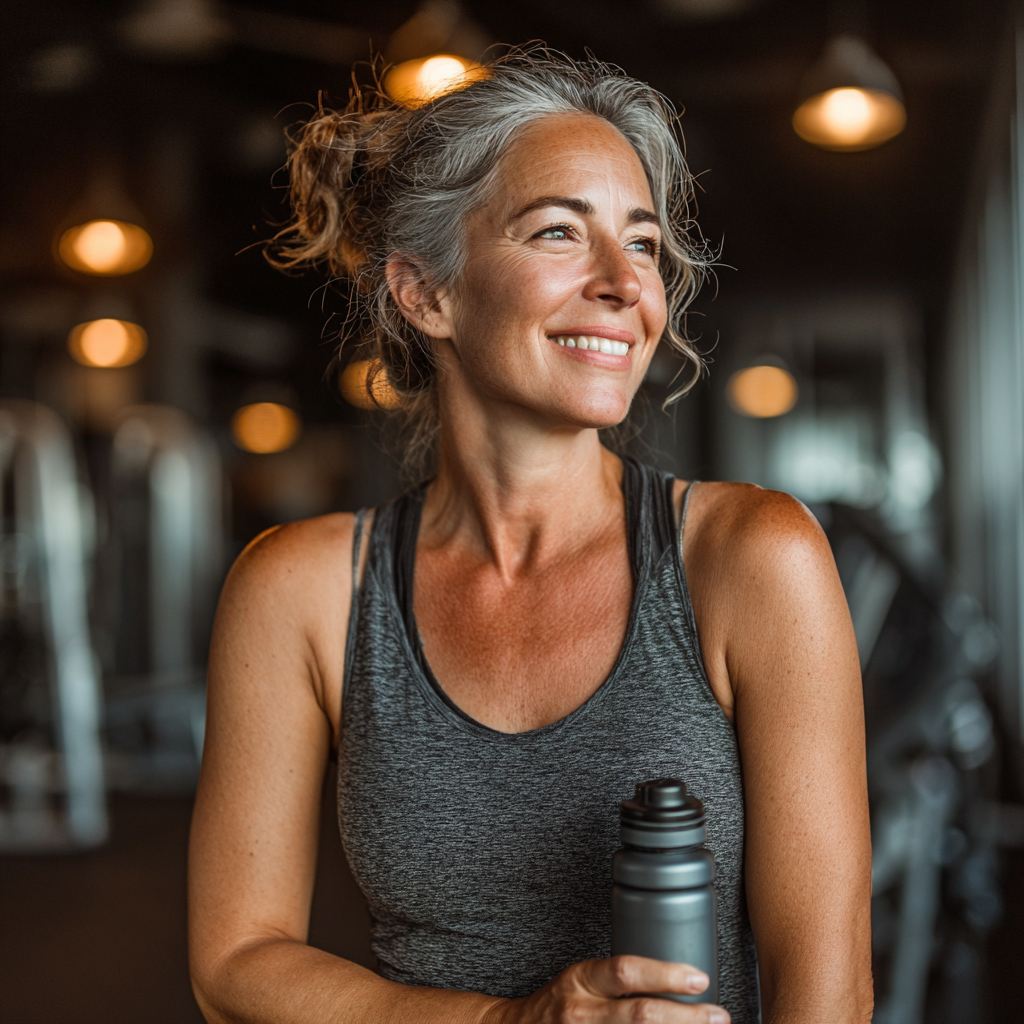 Confident middle-aged woman in her late 40s wearing athletic wear, smiling while holding a water bottle in a modern gym setting, representing mature fitness and healthy lifestyle